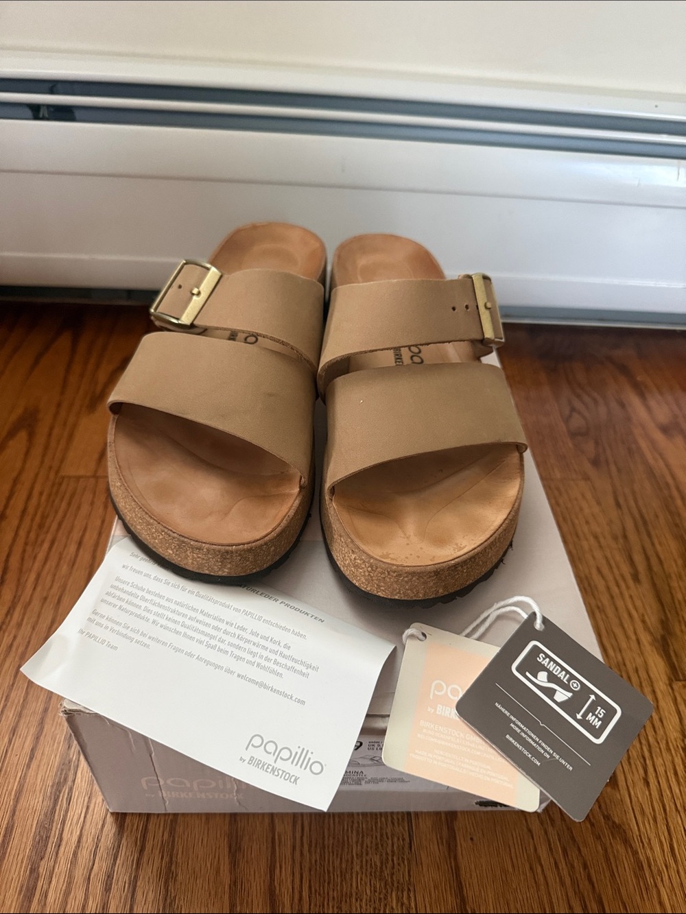 Papillio Neutral Tan Double-Strap Cork Sandals with Gold Buckles